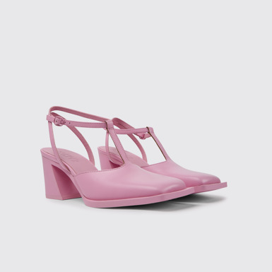 Front view of Karole Pink leather T-bar shoes for women