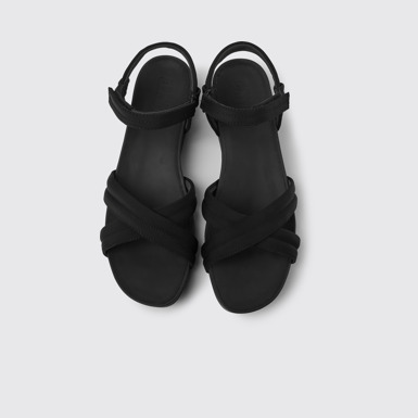 Overhead view of Minikaah Black recycled PET and nylon sandals for women