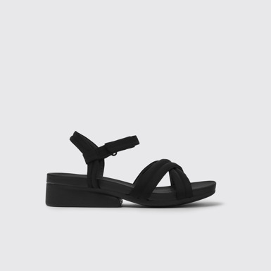 Side view of Minikaah Black recycled PET and nylon sandals for women