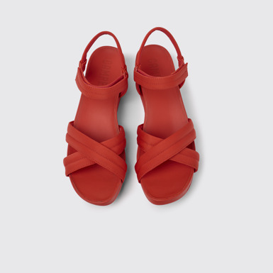 Overhead view of Minikaah Red recycled PET and nylon sandals for women