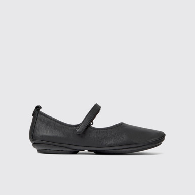 Side view of Right Black leather ballerina flats for women