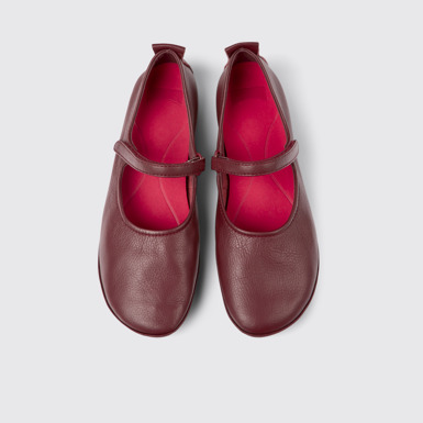 Overhead view of Right Burgundy leather ballerina flats for women