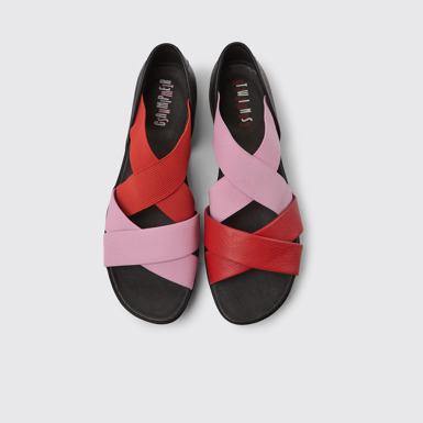 Overhead view of Twins Pink and red leather sandals for women