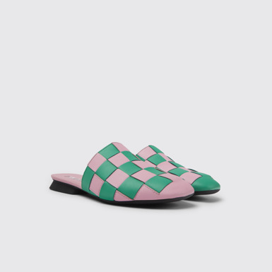 Front view of Twins Pink and green leather shoes for women
