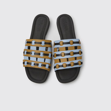 Overhead view of Twins Brown, blue, and black leather sandals for women