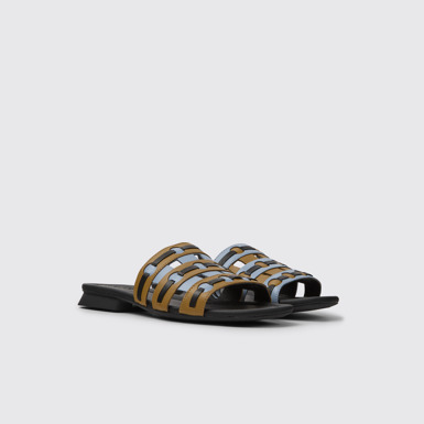 Front view of Twins Brown, blue, and black leather sandals for women