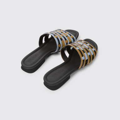 Back view of Twins Brown, blue, and black leather sandals for women