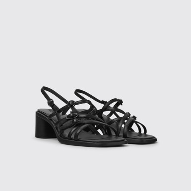 Front view of Meda Black leather sandals for women