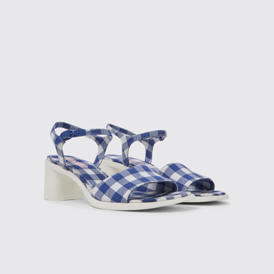Front view of Meda Blue and white recycled cotton sandals for women