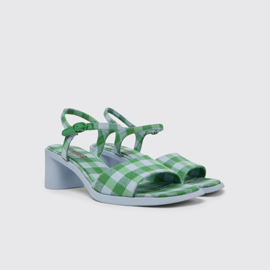 Front view of Meda Blue and green recycled cotton sandals for women