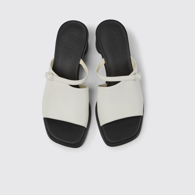 Overhead view of Meda White and black leather sandals for women