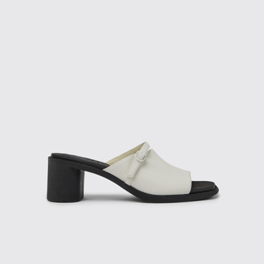 Side view of Meda White and black leather sandals for women