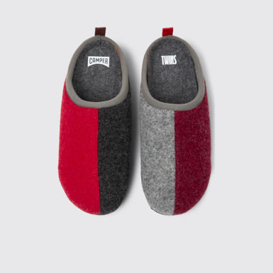 Overhead view of Twins Gray, red, and burgundy wool slippers for women