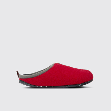 Side view of Twins Gray, red, and burgundy wool slippers for women