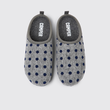 Overhead view of Wabi Gray and blue wool slippers for women