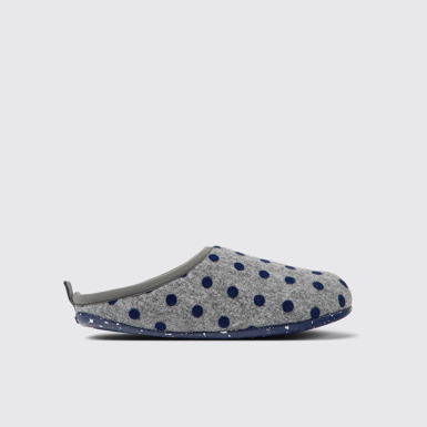 Side view of Wabi Gray and blue wool slippers for women