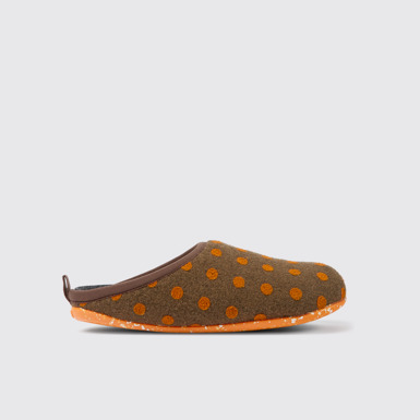 Side view of Wabi Brown and orange wool slippers for women