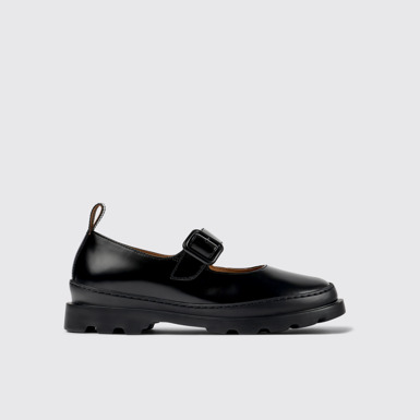 Side view of Brutus Black leather Mary Jane flats for women