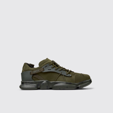 Side view of Karst Green nubuck and textile sneakers for women