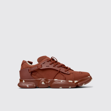 Side view of Karst Red nubuck and textile sneakers for women