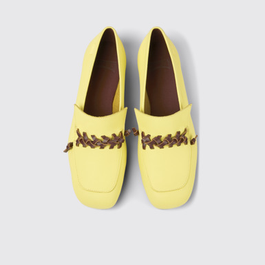 Overhead view of Casi Myra Yellow and brown leather loafers for women