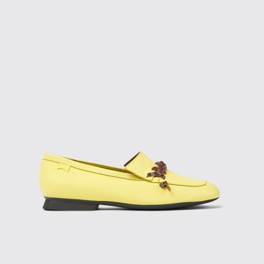 Side view of Casi Myra Yellow and brown leather loafers for women