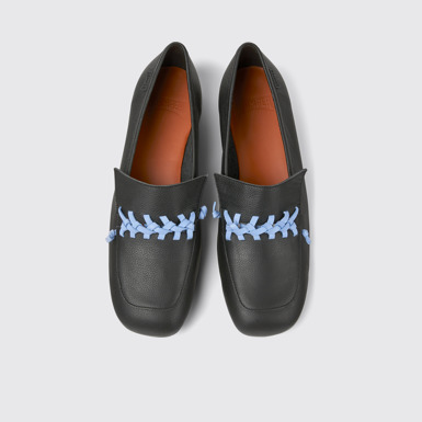 Overhead view of Casi Myra Black and blue leather loafers for women
