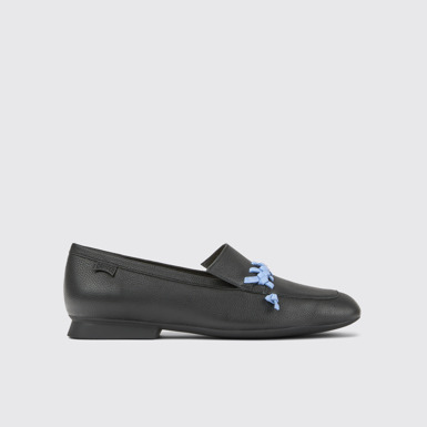 Side view of Casi Myra Black and blue leather loafers for women