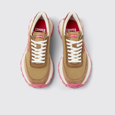 Overhead view of Drift Trail Brown Textile and Nubuck Leather Sneakers for Women.