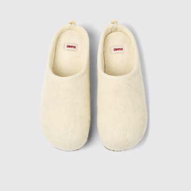 Overhead view of Wabi Beige wool slippers for women