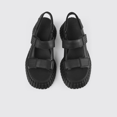 Overhead view of BCN Black leather sandals for women
