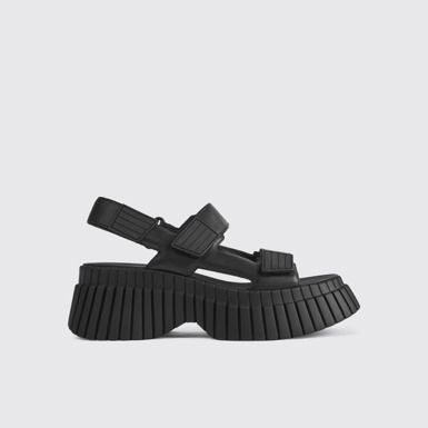 Side view of BCN Black leather sandals for women
