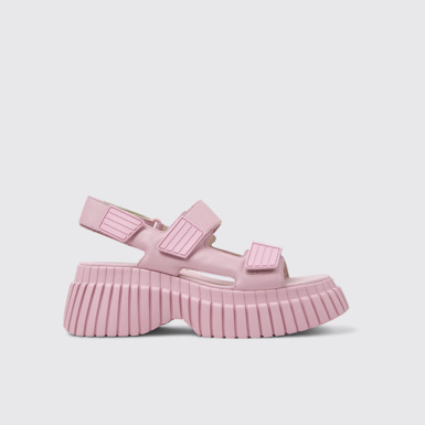 Side view of BCN Pink Leather Sandals for Women.