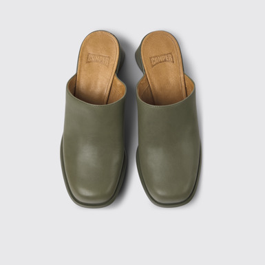 Overhead view of Kiara Green leather mules for women