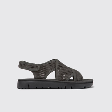 Side view of Oruga Dark gray textile sandals for women