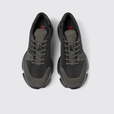 Overhead view of Karst Black leather and recycled PET sneakers for women