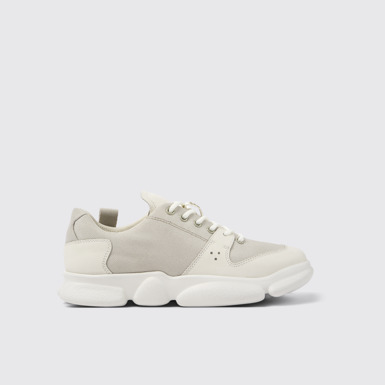 Side view of Karst White leather and recycled PET sneakers for women