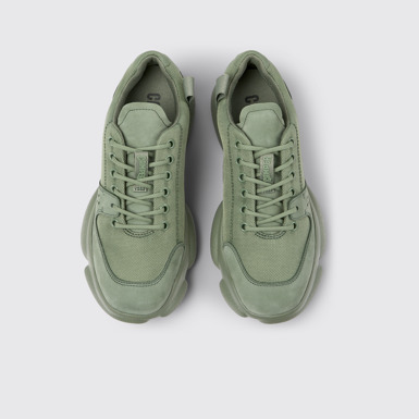 Overhead view of Karst Green leather and recycled PET sneakers for women