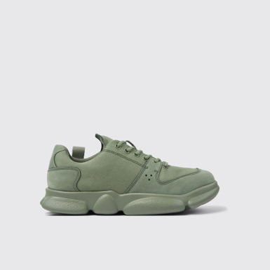 Side view of Karst Green leather and recycled PET sneakers for women