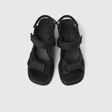 Overhead view of Dina Black Recycled Leather 2-Strap Sandal for Women