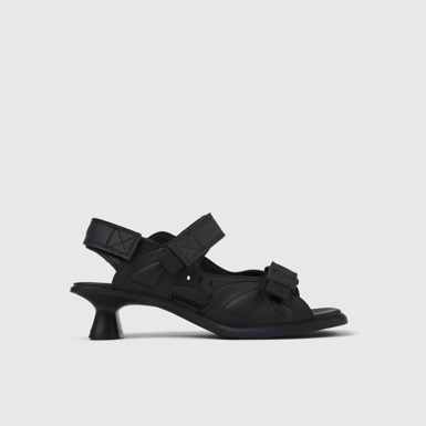 Side view of Dina Black Recycled Leather 2-Strap Sandal for Women