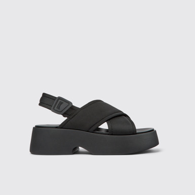 Side view of Tasha Black Textile Cross-strap Sandal for Women