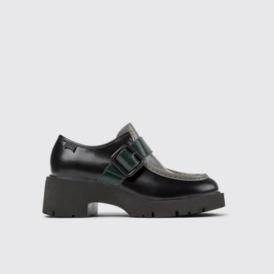 Side view of Twins Black and gray leather loafers for women