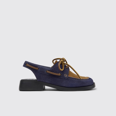 Side view of Twins Blue Leather Nubuck Semi-Open Shoes for Women.