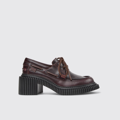 Side view of Pix London Burgundy Leather Moccasin Shoes for Women.