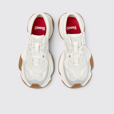 Overhead view of Karst 2 White and Beige Stitch-Free Recycled Engineered Materials Sneakers for Women.