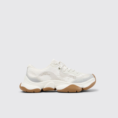 Side view of Karst 2 White and Beige Stitch-Free Recycled Engineered Materials Sneakers for Women.