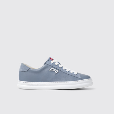 Side view of Runner Blue Leather and Nubuk Sneakers for Women.