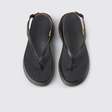 Overhead view of Tasha Black Leather Sandals for Women.