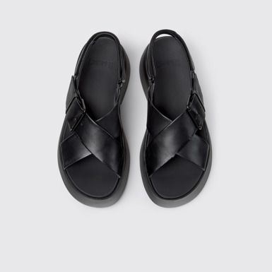 Overhead view of Tasha Black Leather Sandals for Women.